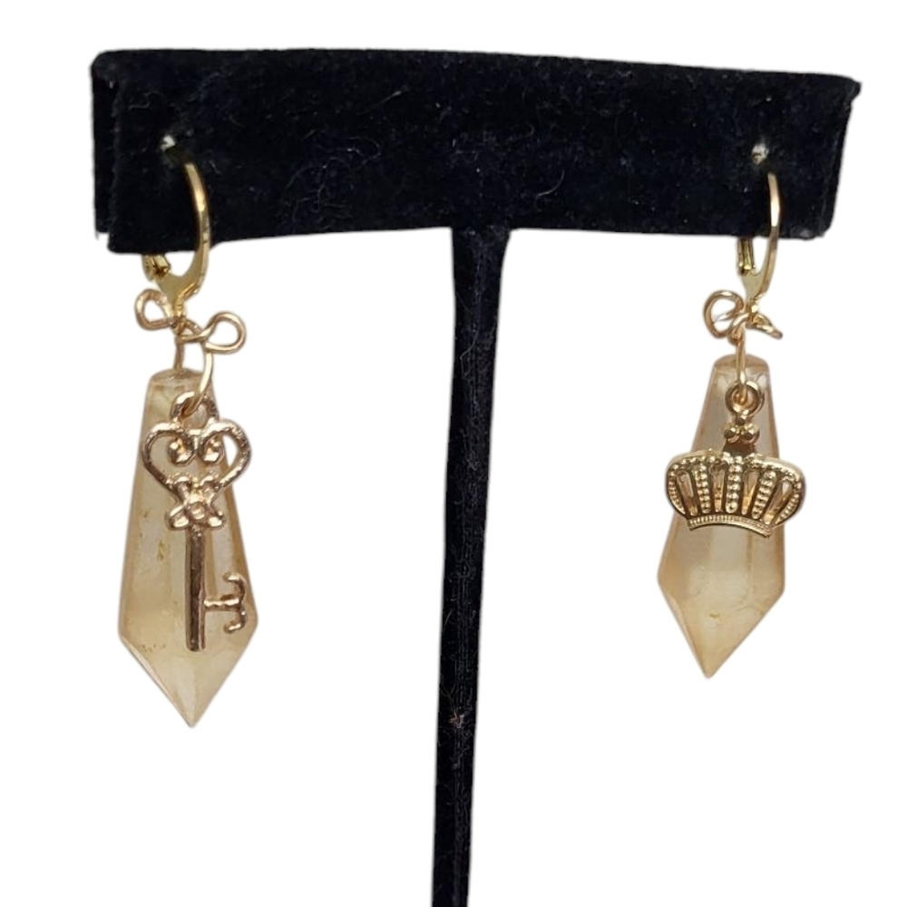 18K Goldplated Clear Sphere Skeleton Key Crown Huggie EARRINGS - Picture 2 of 6